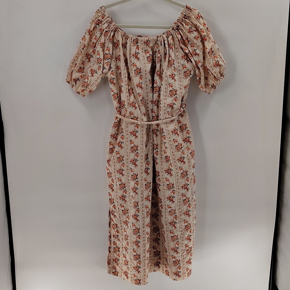 A Loves A Floral Print Belted Dress Cream Size Medium Side Pockets Cotton - Picture 6 of 9